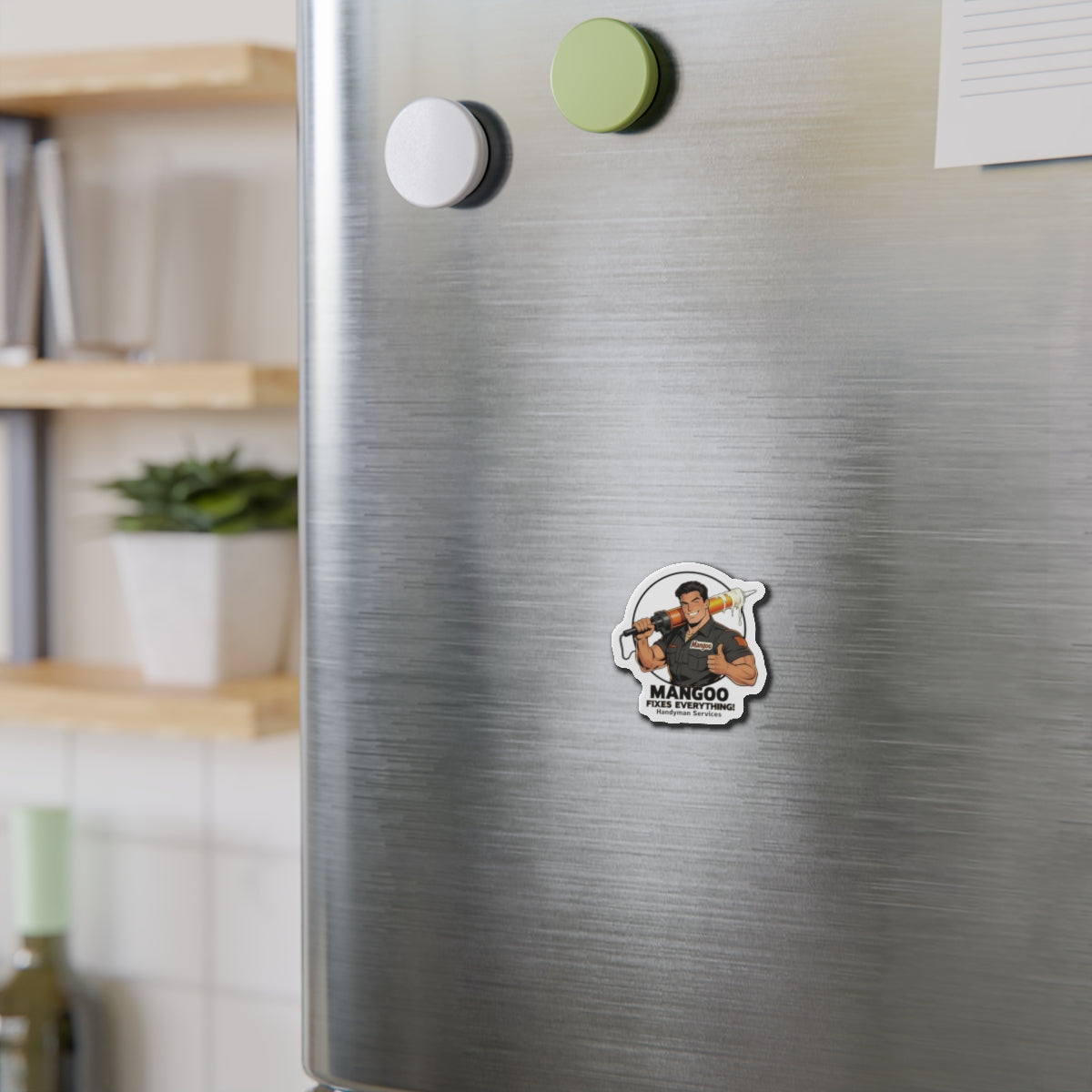 Handyman Mangoo Die-Cut Magnet — "Mangoo Fixes Everything!"